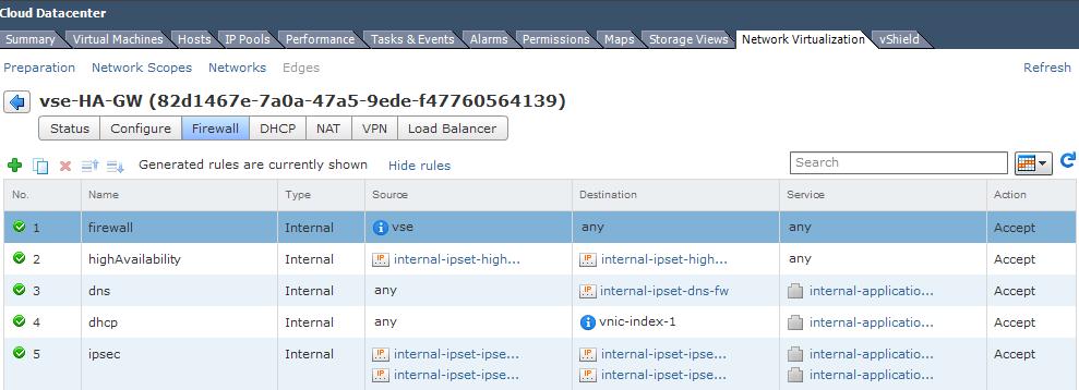 Chapter 9 vshield Edge Management 3 Click the Network Virtualization tab. 4 Click the Edges link. 5 Double-click a vshield Edge instance. 6 Click the Firewall tab. 7 Do one of the following.