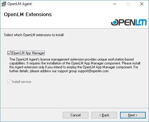 OpenLM Agent Installation V4.2.12 and Up 8 Figure 7: OpenLM Extensions selection screen with OpenLM App Manager selected. 1.