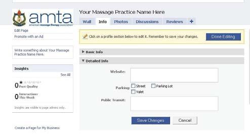 how to: edit info, cont. facebook tip: many massage therapists work out of their home or travel to clients.