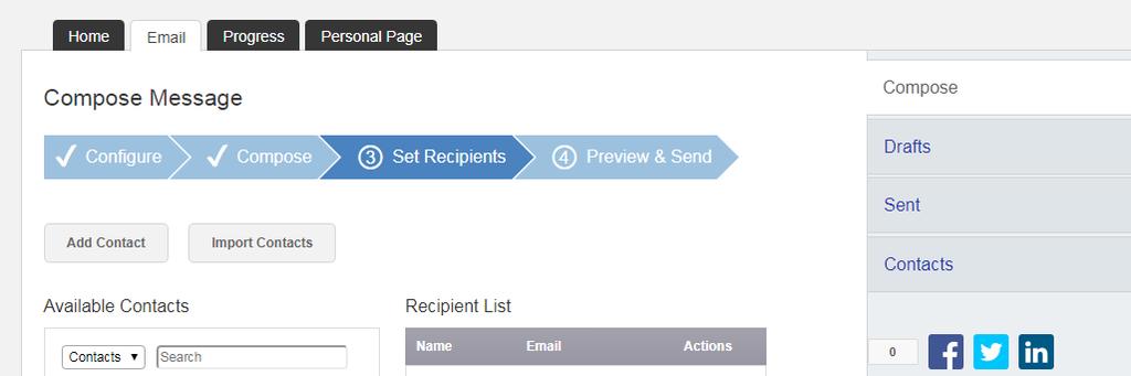 Once you've composed your message, click Next to select recipients from your contact list or to add contacts for