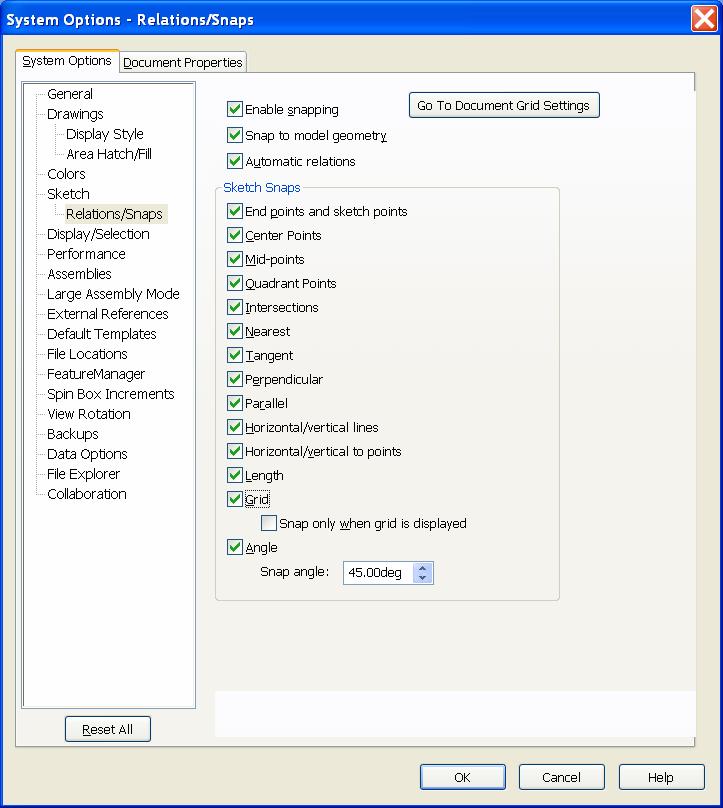 Figure 8 Document properties dialog box: System Snap Click Detailing on the left side of tile dialogue box.