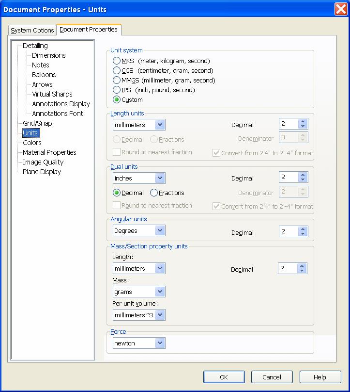 Figure 6 Document properties dialog box: Units To set the units and grid size to be used, click the Grid toolbar button with the left mouse button.