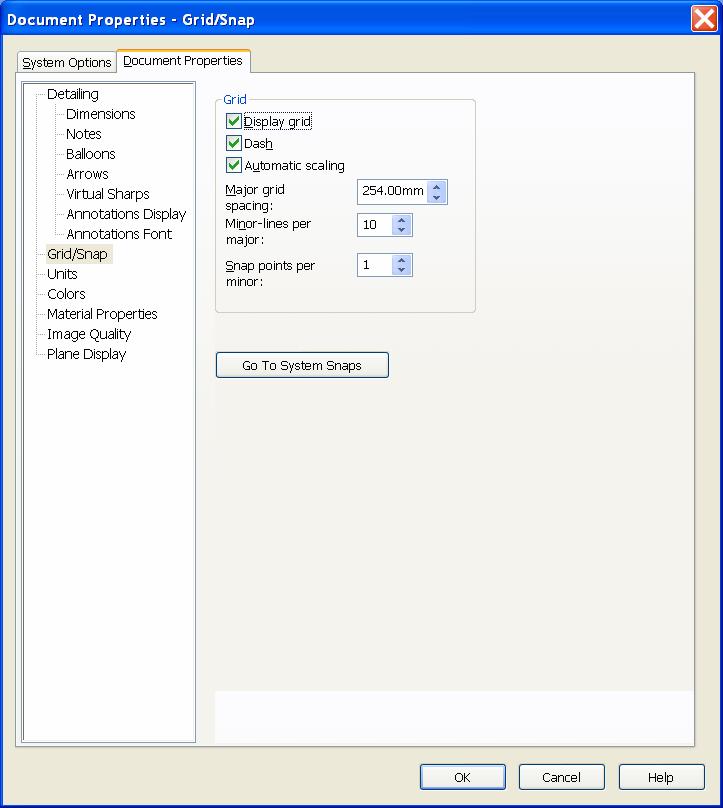 Figure 7 Document properties dialog box: Grid/Snap Snap controls the way in which sketched lines are related to the grid.