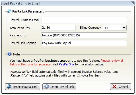20 F-Billing Revolution 2015 User Manual (optional) You can attach PayPal payment link to your invoice email, Just click on PayPal toolbar button PayPal business account: your PayPal business account