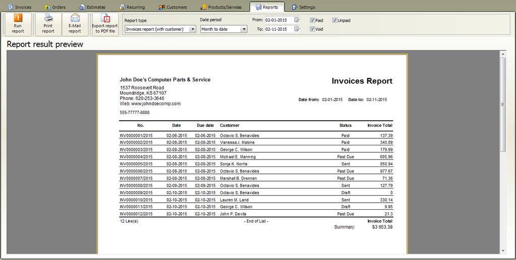 Reports 9.2 Invoices report with customer At main window click on Reports tab 1.