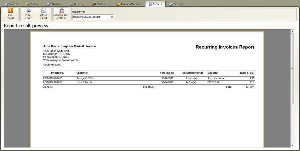 Reports 9.4 Recurring invoice report At main window click on Reports tab 1.