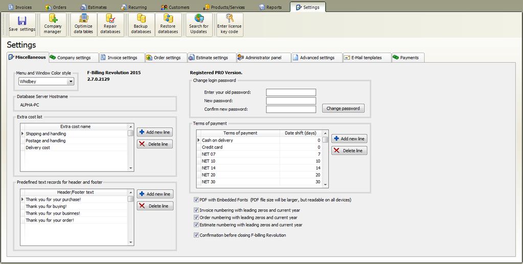 Settings 10 87 Settings At main menu click on Settings tab Settings menu Company Manager: You can create unlimited company profiles.
