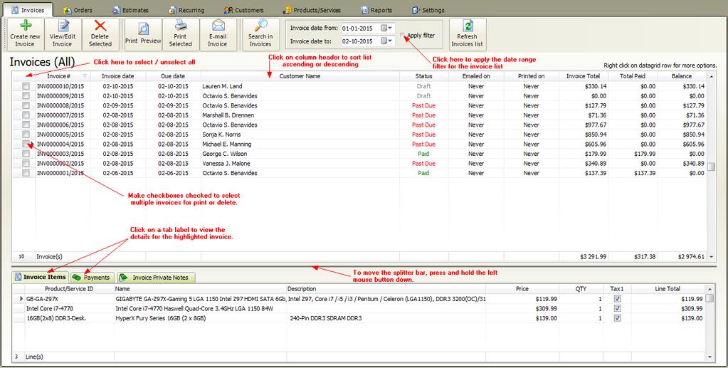 Invoices 4 9 Invoices At main window click on Invoices tab This is the default tab after starting the billing software.
