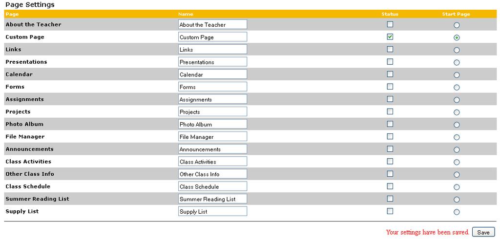 9. Within your page settings box, you will see many different options for your website.