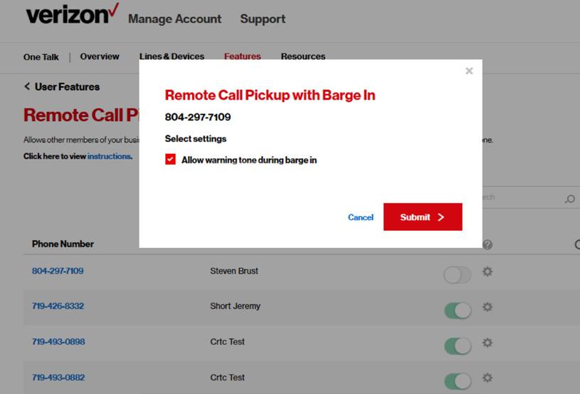 Editing the Block Barge-In feature with or without tone This feature allows other members of your business to remotely pick up your line while it is ringing to make sure no customer calls are missed,