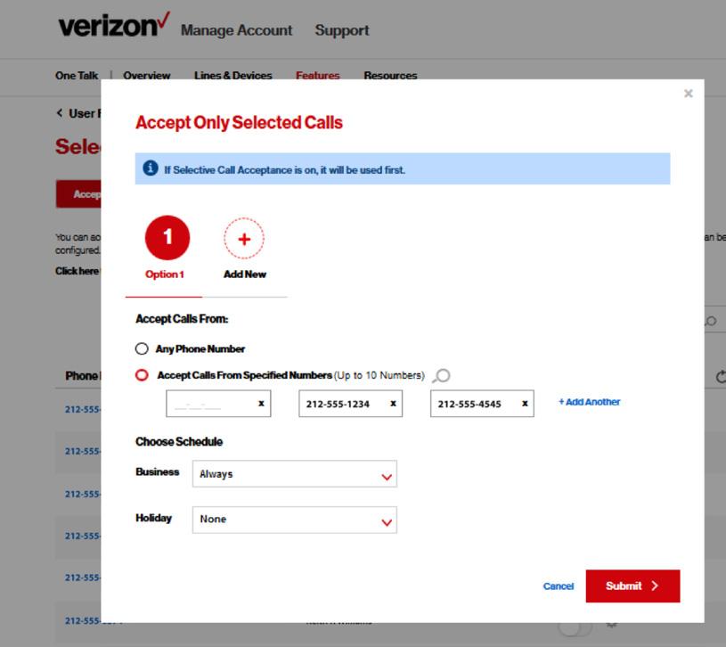 3. Click the radio buttons to select or deselect Accept Calls from Any Phone Number or Accept Calls from Specified Numbers (Up to 10 Numbers). If the latter is selected, enter the phone numbers.
