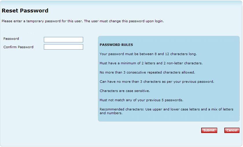 Administrator Reset Password If a password is entered incorrectly 5 times, an error page will be displayed stating that the User s ID has now been suspended.