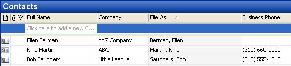 Outlook 2003, Level 2 Page 5 The contact information sorts itself in traditional phone list format, in alphabetical order by last name. 3. Click the Current View down arrow and select By Company.