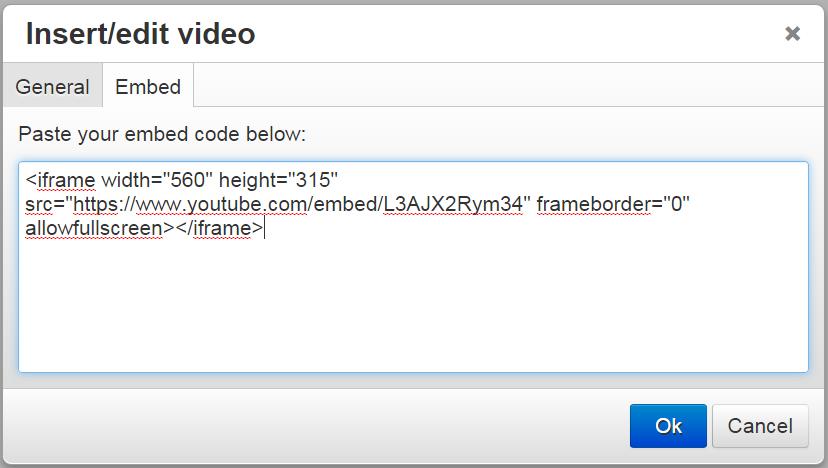 [Figure 5a] Click onthe Embed tab and paste the embedding code from a service like Youtube into the field and press OK. [Figure 8] A placeholder box will be created for the video interface.