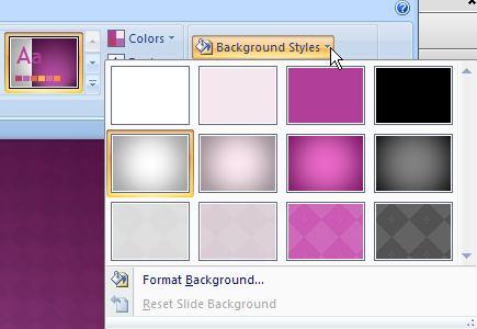 Background Style To view Background Styles, click the Design tab, choose a theme, then