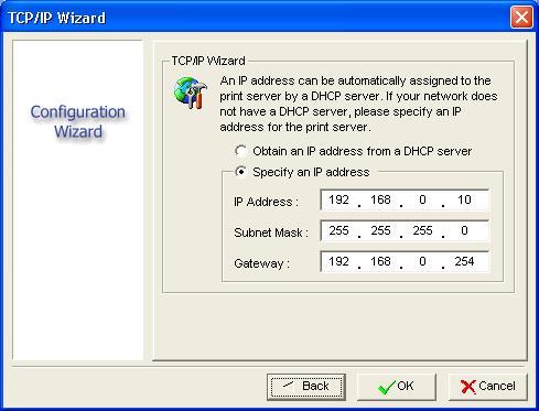 3 In the IP Address option, type an IP address for the print server. The IP address must meet the IP addressing requirements of the network segment.