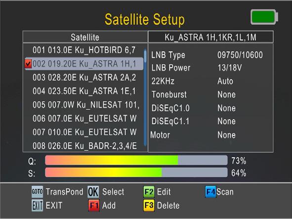 A new satellite is created in the satellite list (satellite setup). SAT SETUP Use buttons to select a satellite. Use button to activates the LNB setup for the selected satellite.