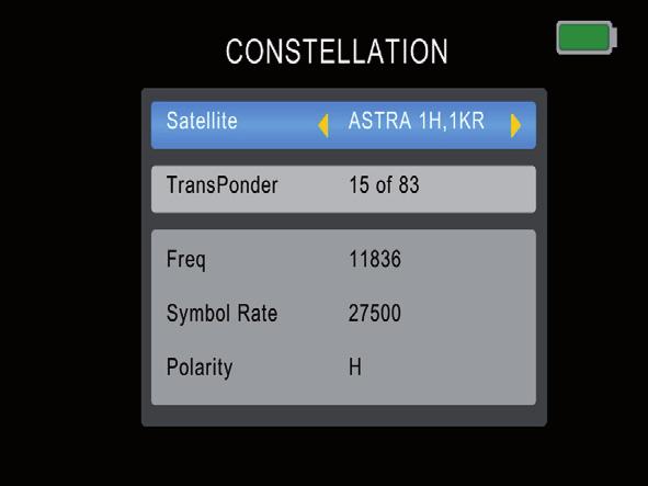 CONSTELL ATION Here you can first select between Analyze by Frequency (selection via satellite and transponder) or Analyze by Program (selection of stored channels).