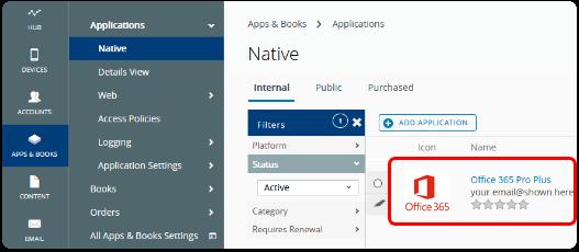In the Internal Applications List View, confirm that the Office 365 Pro Plus application is displayed. You have successfully added the Office 365 ProPlus app to Workspace ONE UEM for deployment.