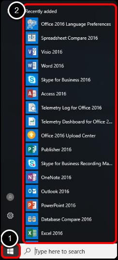 1. Click the Windows button. 2. After the installation completes, you will notice that the Recently Added section now displays the Office 2016 suite.