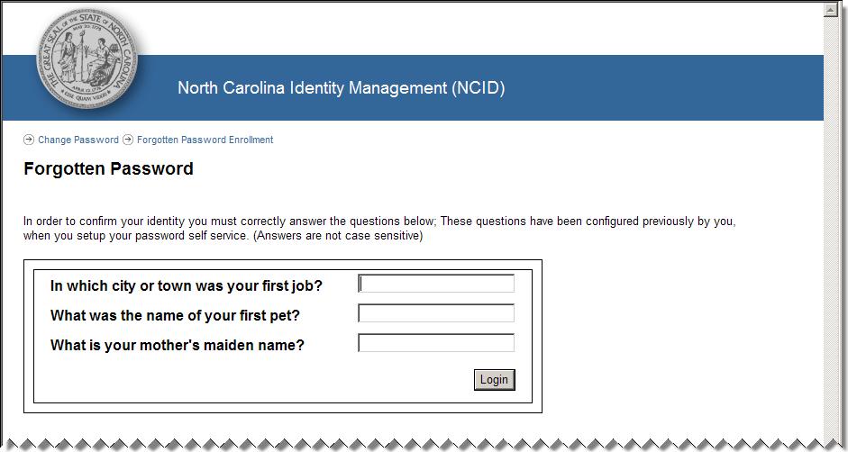 6. Click on Login. Figure 3-6. Answer Your Challenge Questions Note: A message will display if you failed to correctly answer any of your challenge questions.