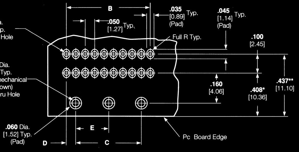 Recommended PC Board Hole Layouts, Thru-Hole Board-to-Board Connectors Single Row, Right-Angle with Solder Clips Note: Consult Tyco Electronics for customer drawings detailing tolerances..022 Dia. [0.