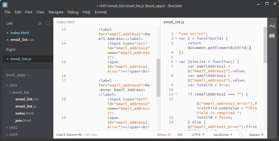 How to use Brackets to develop JavaScript applications 19 Brackets with a vertical split screen How to display two files with a split screen Select View Vertical Split or View Horizontal Split to