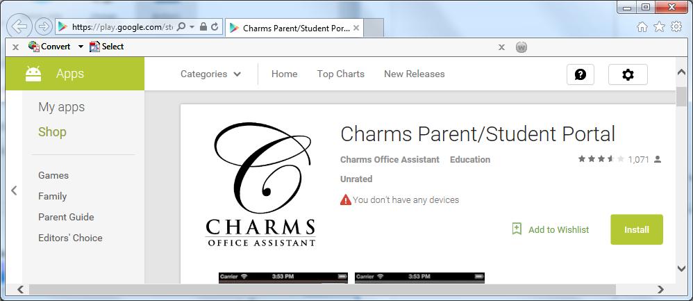 computer. For Apple devices: https://itunes.apple.com/us/app/charms-parent-studentportal/id624145958?