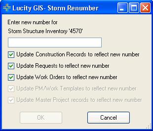 Renumber a Storm Structure The Lucity GIS Manager Extension includes this tool used for renumbering your storm structures, conduits, pump stations and detention basins.