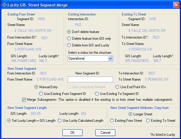 Merging Street Segments Lucity GIS includes this tool used for merging street segment features in the geodatabase and in Lucity.