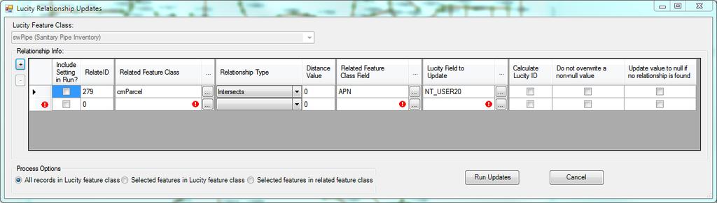 To Setup a Direct Spatial Relationship 1. If there is a set of records to run the tool against select them. 2. On the Editor Toolbar click on the button. The following window will appear: 3.
