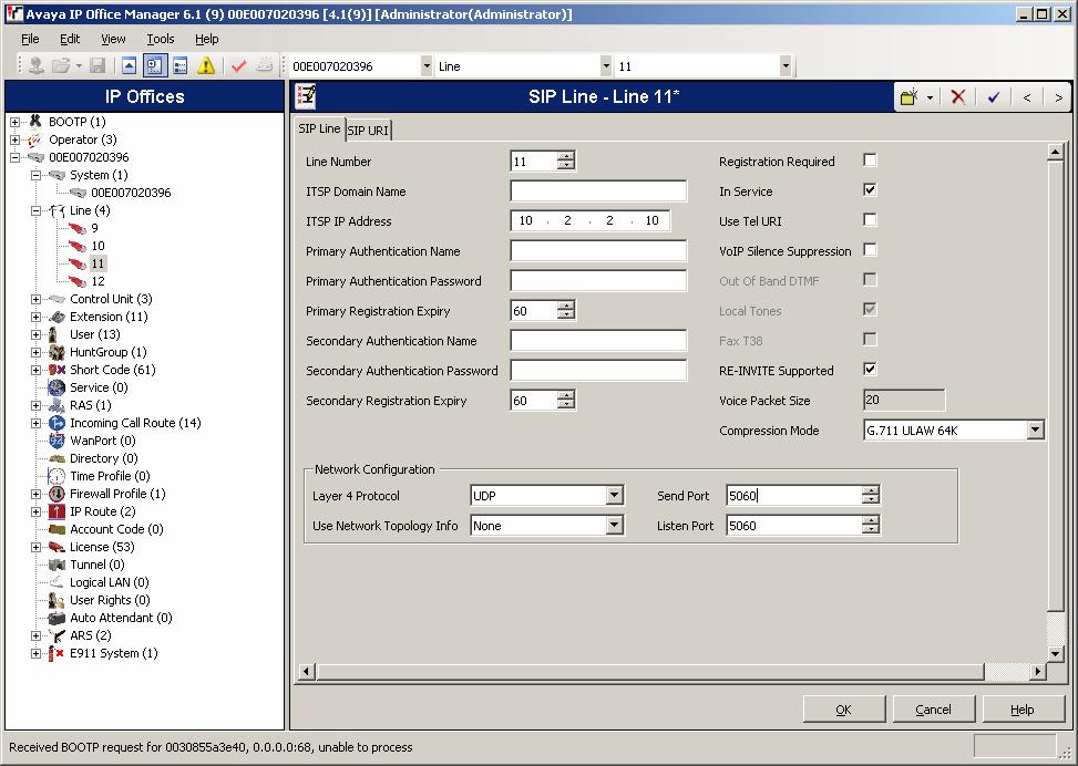 3. Create the SIP line for the Global Crossing service. Select Line in the left panel. Right-click and select New SIP Line.