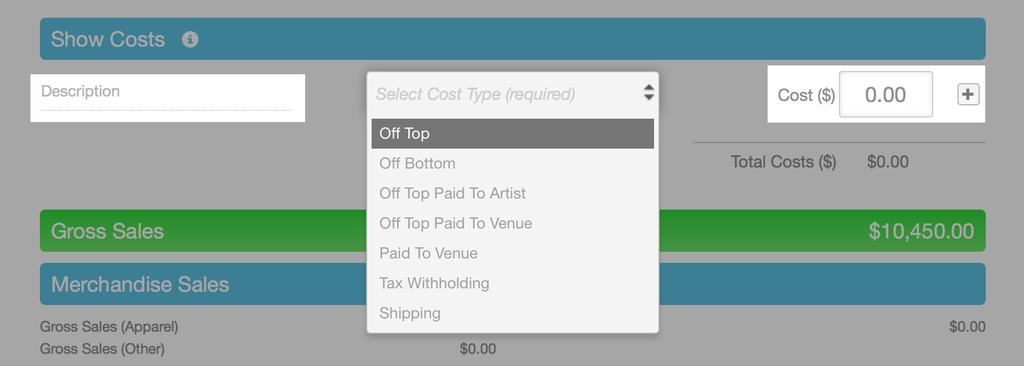 Settlements Show Costs Here you can enter any Show Costs to be included in the Settlement.
