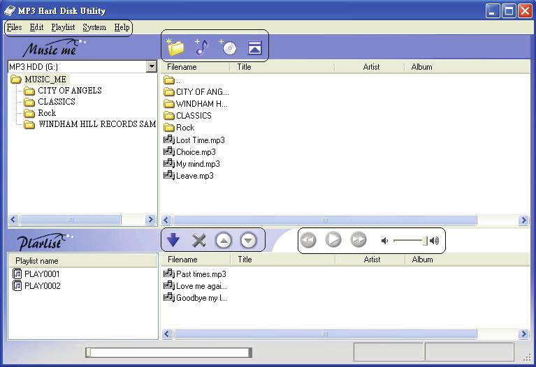 MP3 Hard Disk Utility MP3 Hard Disk Utility Operation Main Window 1 2 3 4 5 6 7 8 1 Menu Bar 2 Tool Bar New Folder: Adds new folder.