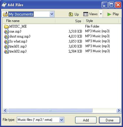 MP3 Hard Disk Utility Add Files (Menu Bar -> File -> Add Files) Up: Views: Play: Add: Done: Returns to previous folder level.