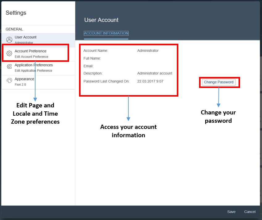 Accessing your Info [page 18] Changing your Password [page 19] Account Preferences [page 20] 5.1.1 Accessing your Info To view your user account information, perform the following steps: 1.