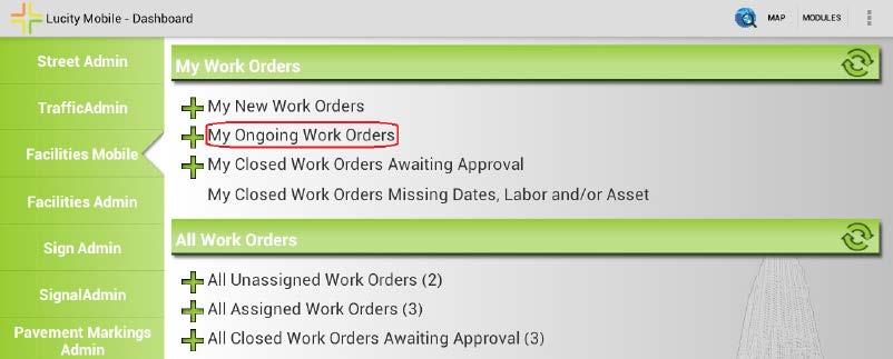 Navigate t and Update an Onging Wrk Order 1. Frm the tablet dashbard screen tap n the link fr My Onging Wrk Orders This will pen a view f all nging wrk rders currently assigned t yu.