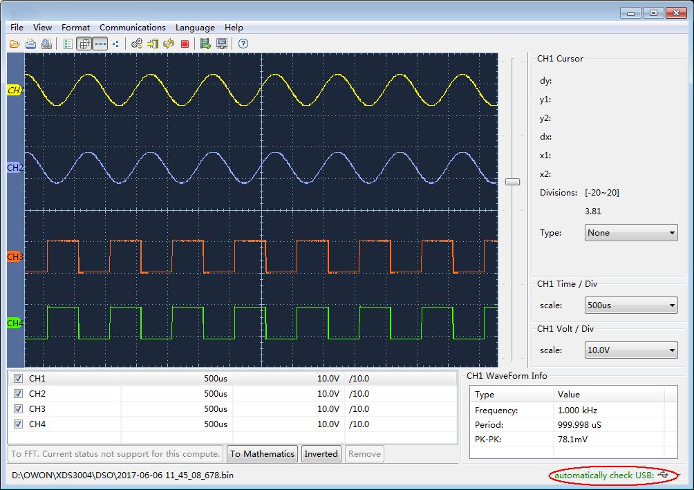 You can use the Oscilloscope communication software to store, analyze, display the data and remote control.