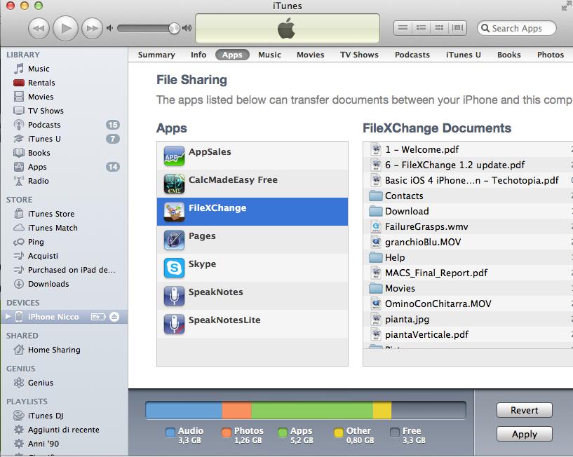 FILE SHARING Bulk file transfer through USB with itunes 1) Connect your ios device to your computer through USB 2) Open itunes and