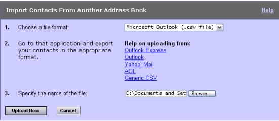 5. Choose a File Format. If your Contacts file was: a. Created by exporting an Address Book from: i. Microsoft Outlook 2000 or earlier, leave Microsoft Outlook (.