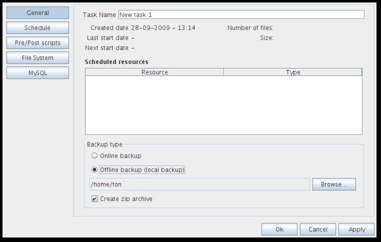 Figure 16: General view Task Name You can give the backup task a name. Backup type Set the backup type to Offline backup and click on Browse to select the storage location.