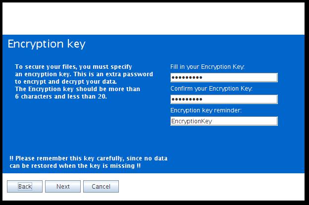 Figure 4: Encryption Key You must type an encryption key and then confirm this key. You can only set the encryption key once. After setting the encryption key it cannot be changed.