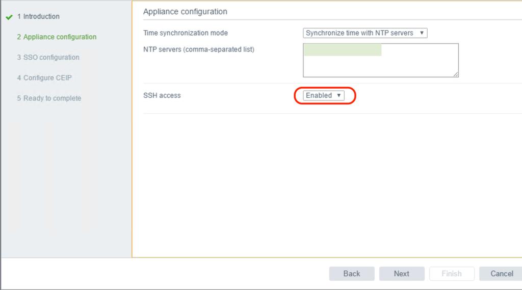 13. Review the introduction to stage 2 of the deployment process. Click Next. 14. Configure the NTP servers in the appliance and enable remote SSH access to allow high availability for VCenter.