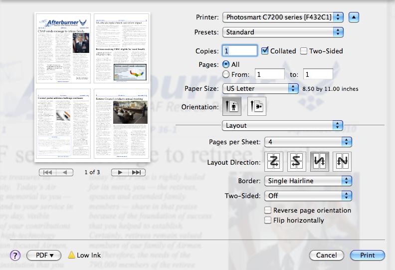 Layout: Choose Layout (from the menu below) when you want to print multiple pages on one sheet of paper.