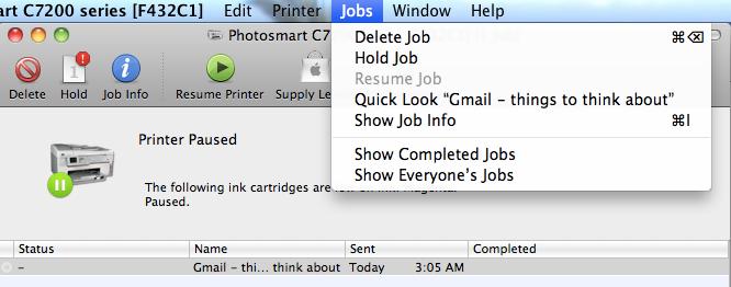 CANCEL a print job: In the print queue window, click once on a document name to select it, then hit the Delete button in the toolbar (or go the Jobs menu and