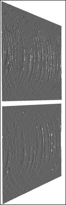 Figure 7 Top: point cloud generated by WLI (7 Mb). Bottom: PDE representation (1 Mb). Areas are of side lengths 300x200 m. create a series of smooth analytical surfaces that approximate the features.