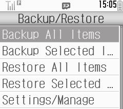 Backup Backup & Restore Handset to Memory Card Follow these steps to back up selected items at once: 1 % S Connectivity S Backup/Restore Backup/Restore Menu 2 Backup Selected Items S % S Enter