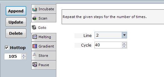 13) Click Goto tab and select a starting step (i.e. 2 ) in the Line drop-down list. Enter a number of cycles (i.e. 40 ) in the Cycle field, and then click Append.