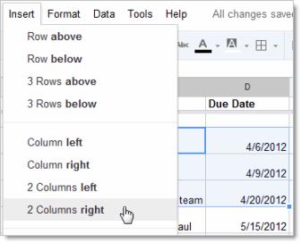 For example, if you select a block of 2 columns by 3 rows, the Insert menu shows these options: Delete a row or column 1. Select one or more cells in the row or column you want to delete.