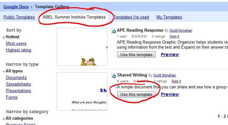 3) Click on the ABEL Summer Institute Templates tab, and then the Use this template button under the Shared Writing template. 4) Share the document with all members of your group.